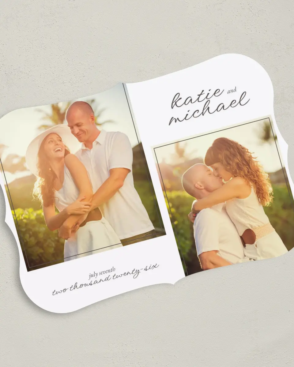 This is a 5" x 7" Save the Date Card called Vintage Affair printed in full color on Premium Smooth paper