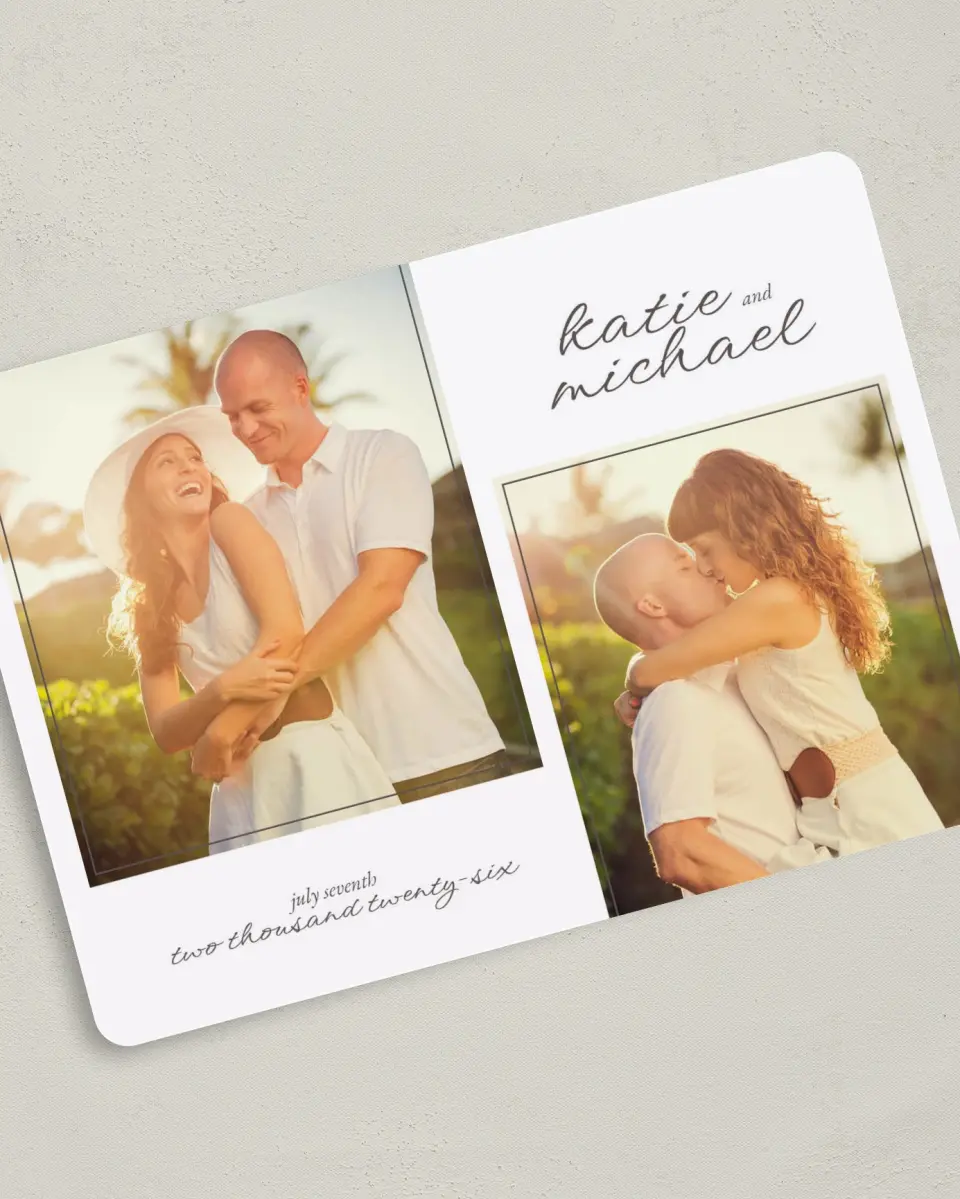 This is a 5" x 7" Save the Date Card called Vintage Affair printed in full color on Premium Smooth paper