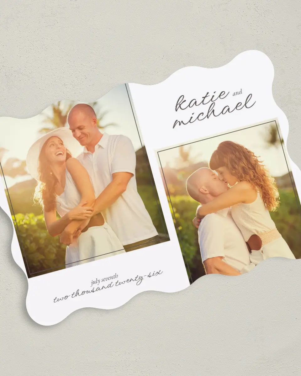 This is a 5" x 7" Save the Date Card called Vintage Affair printed in full color on Premium Smooth paper