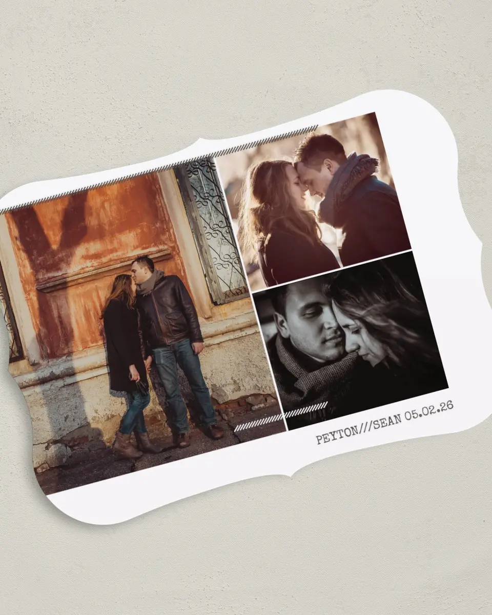 This is a 5" x 7" Save the Date Card called Urban Romance printed in full color on Premium Smooth paper