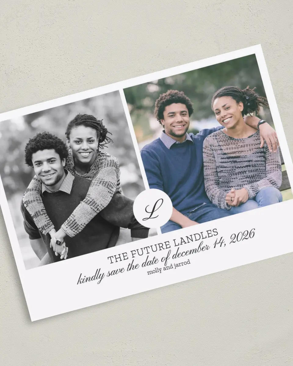 This is a 5" x 7" Save the Date Card called Side By Side printed in full color on Premium Smooth paper