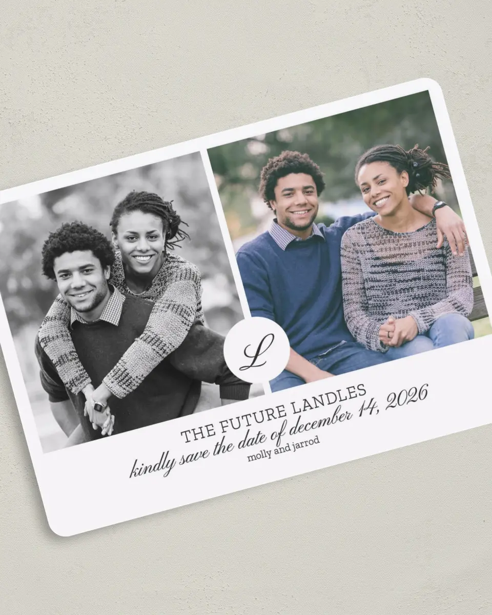 This is a 5" x 7" Save the Date Card called Side By Side printed in full color on Premium Smooth paper