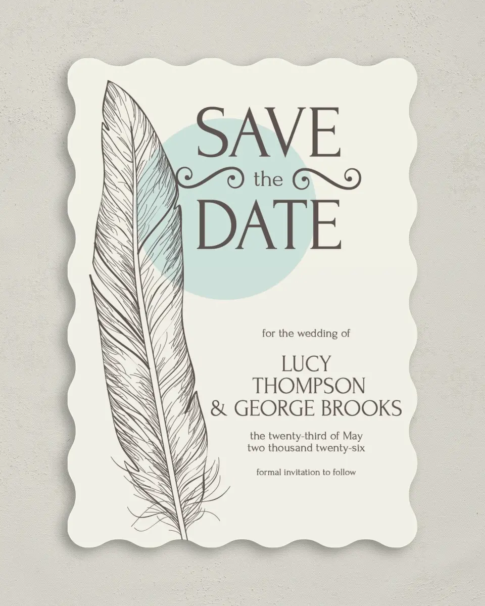 This is a 5" x 7" Save the Date Card called Fetching Feather printed in full color on Premium Smooth paper