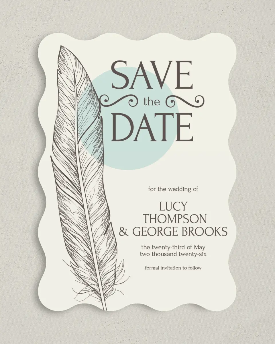This is a 5" x 7" Save the Date Card called Fetching Feather printed in full color on Premium Smooth paper