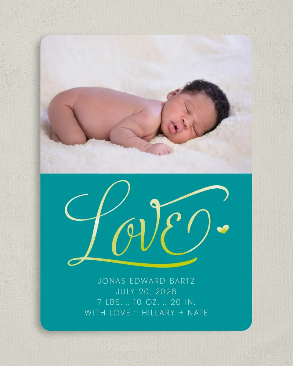 This is a 5" x 7" Birth Announcement Card called Love's Tiny Treat printed in full color on Premium Smooth paper