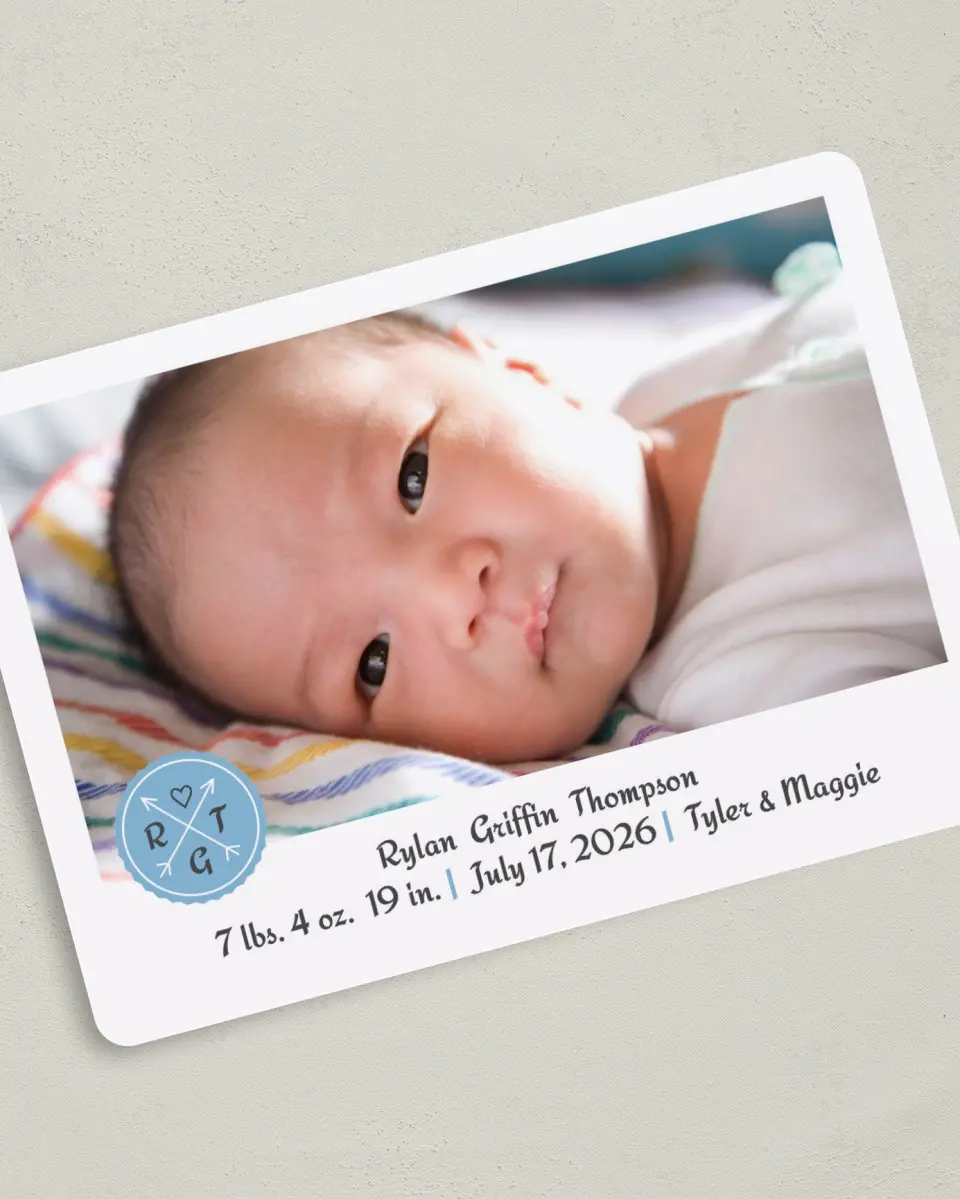 This is a 5" x 7" Birth Announcement Card called Arrowed Charm printed in full color on Premium Smooth paper
