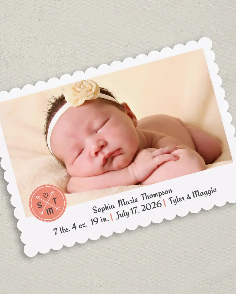 This is a 5" x 7" Birth Announcement Card called Arrowed Charm printed in full color on Premium Smooth paper