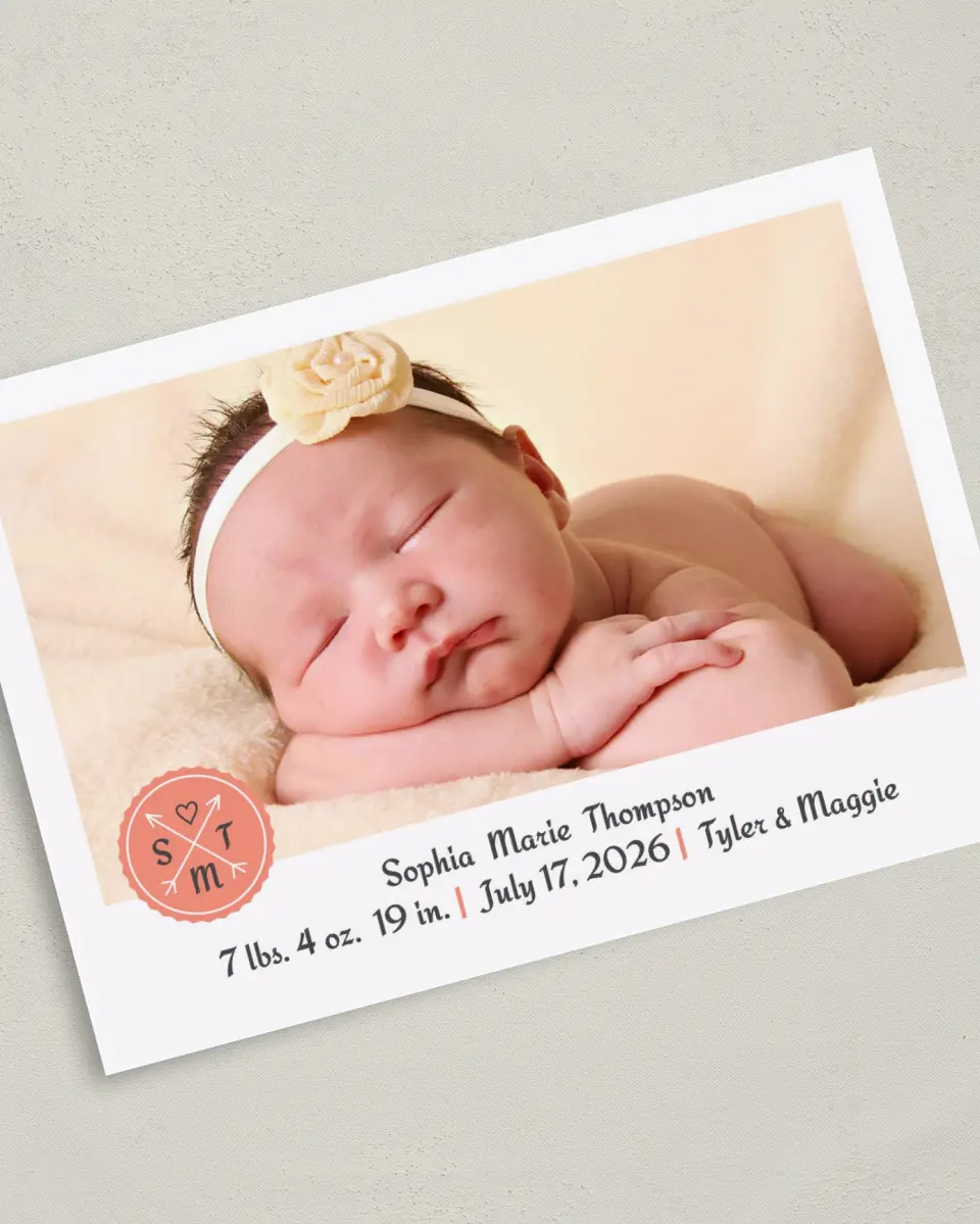 This is a 5" x 7" Birth Announcement Card called Arrowed Charm printed in full color on Premium Smooth paper