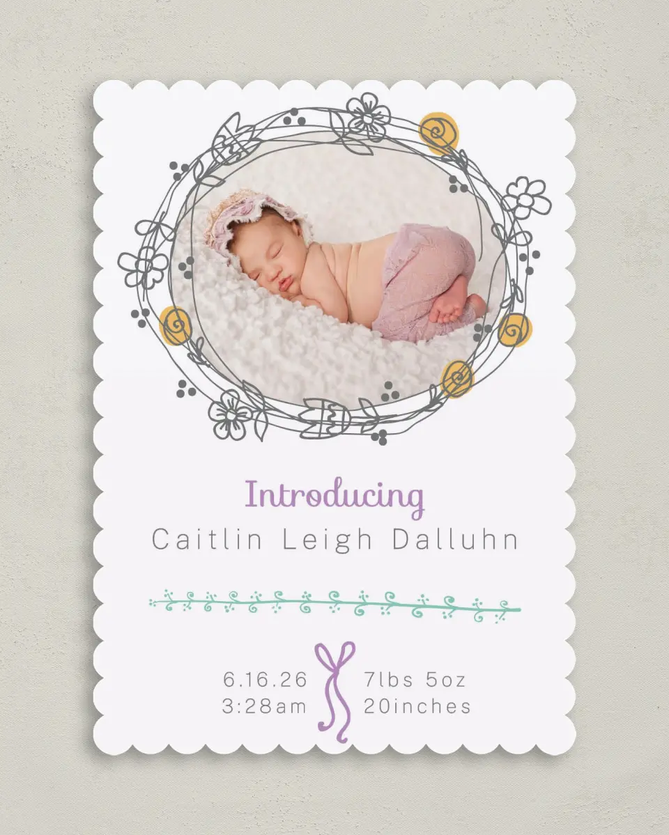 This is a 5" x 7" Birth Announcement Card called Whimsical Wishes printed in full color on Premium Smooth paper