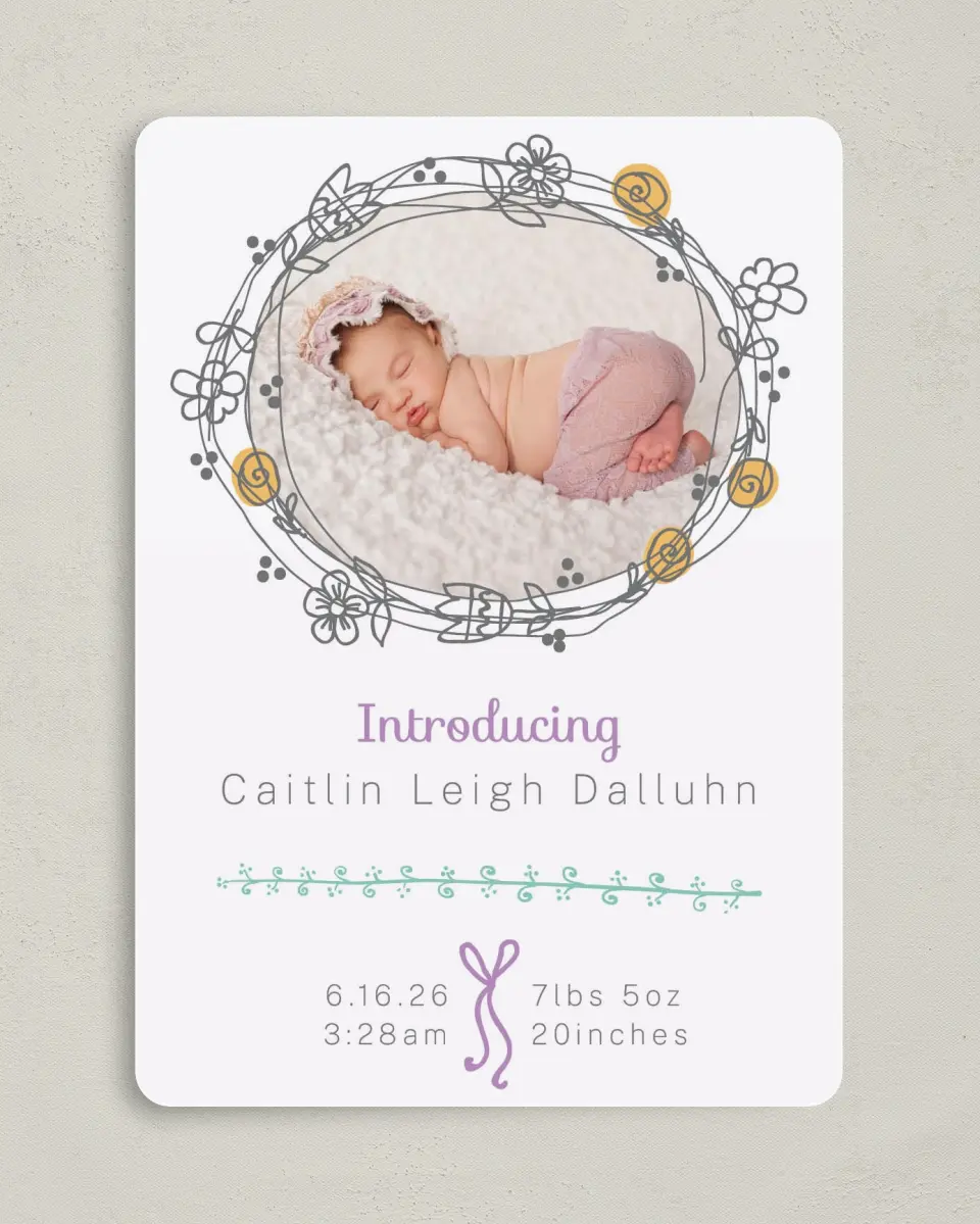 This is a 5" x 7" Birth Announcement Card called Whimsical Wishes printed in full color on Premium Smooth paper
