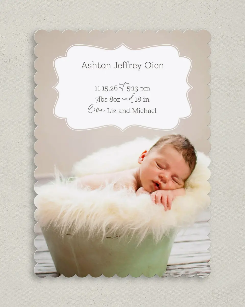 This is a 5" x 7" Birth Announcement Card called Classic Cutie printed in full color on Premium Smooth paper