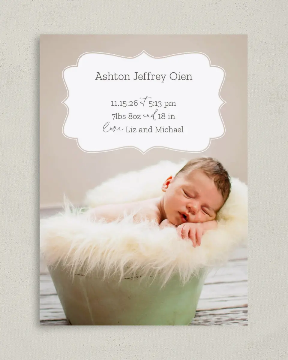 This is a 5" x 7" Birth Announcement Card called Classic Cutie printed in full color on Premium Smooth paper