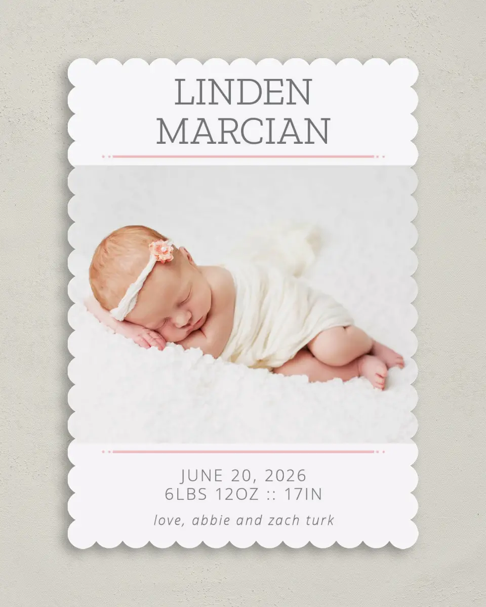 This is a 5" x 7" Birth Announcement Card called Sweet Little Love printed in full color on Premium Smooth paper