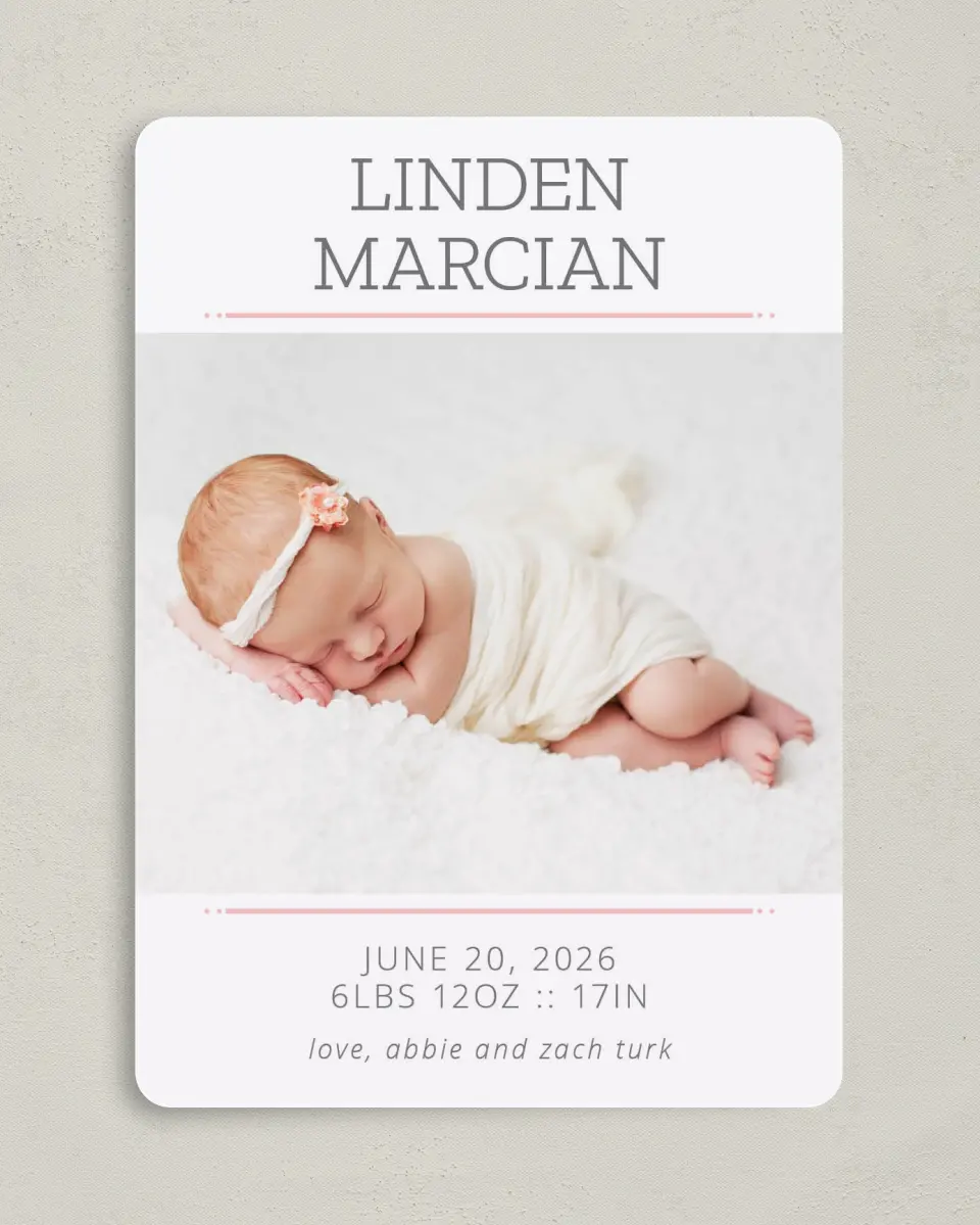 This is a 5" x 7" Birth Announcement Card called Sweet Little Love printed in full color on Premium Smooth paper