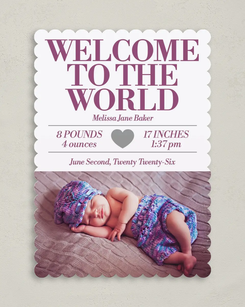 This is a 5" x 7" Birth Announcement Card called Sweetheart Dots printed in full color on Premium Smooth paper