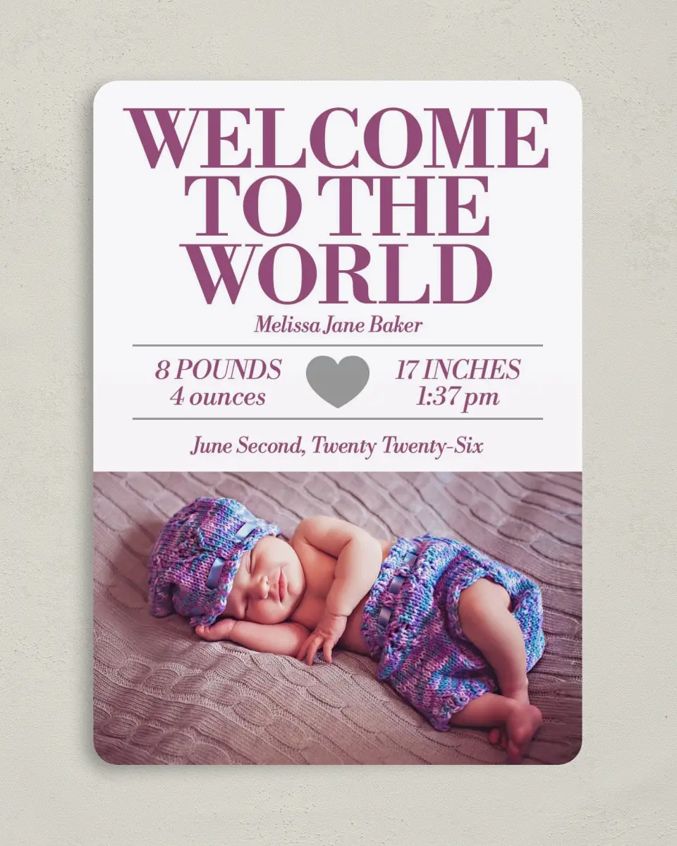 This is a 5" x 7" Birth Announcement Card called Sweetheart Dots printed in full color on Premium Smooth paper