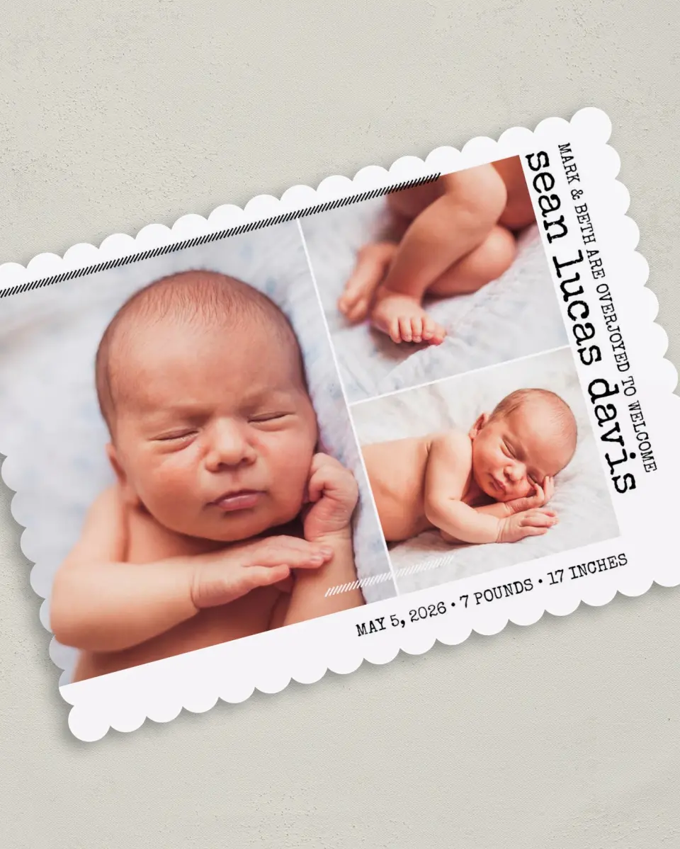 This is a 5" x 7" Birth Announcement Card called Whimsy Welcome printed in full color on Premium Smooth paper