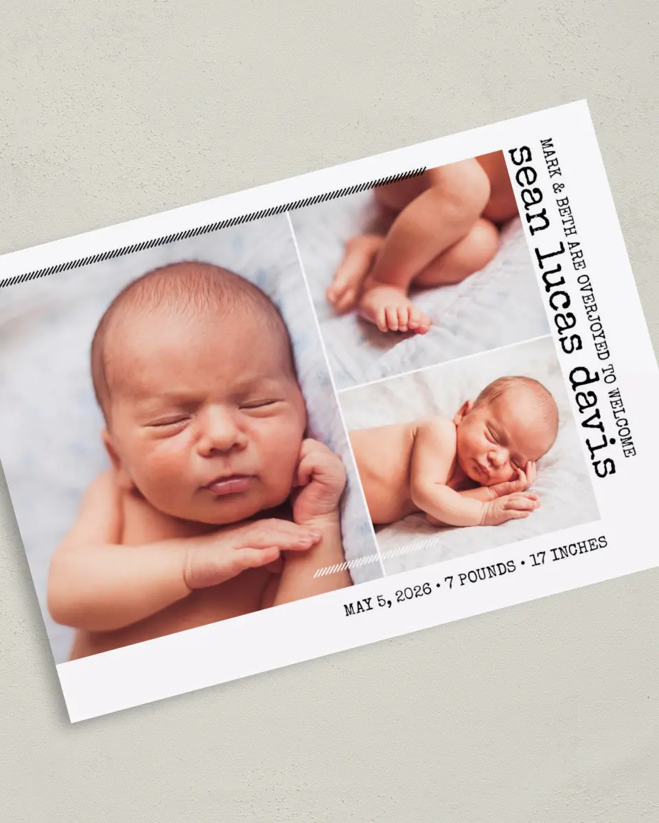 This is a 5" x 7" Birth Announcement Card called Whimsy Welcome printed in full color on Premium Smooth paper