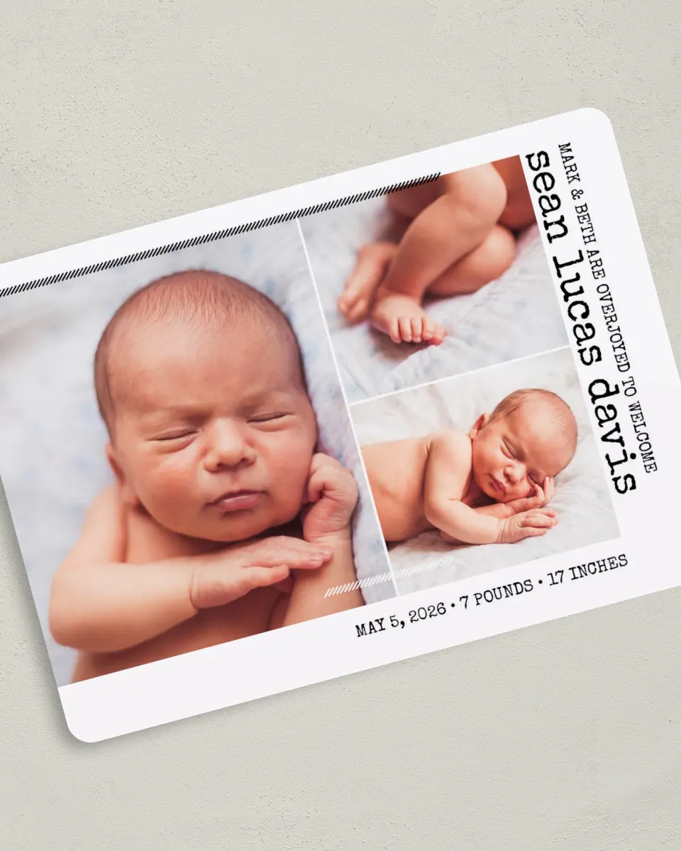 This is a 5" x 7" Birth Announcement Card called Whimsy Welcome printed in full color on Premium Smooth paper