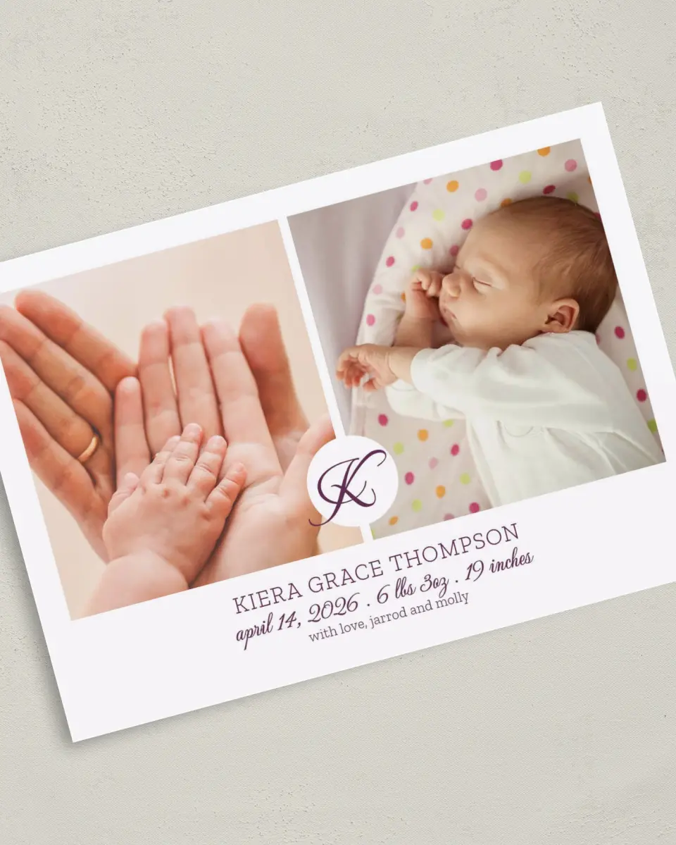 This is a 5" x 7" Birth Announcement Card called Lovable Dots printed in full color on Premium Smooth paper