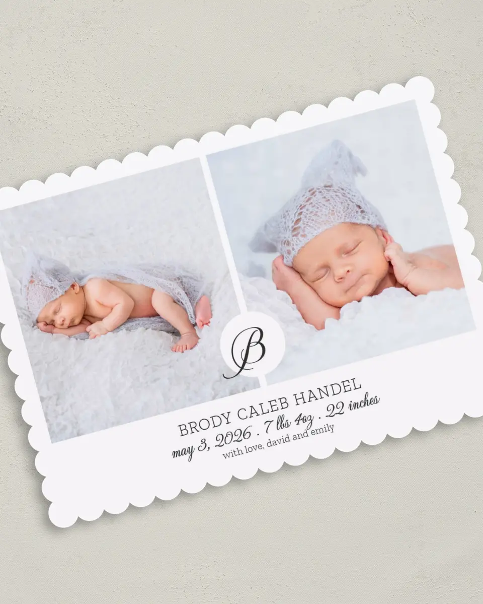 This is a 5" x 7" Birth Announcement Card called Lovable Dots printed in full color on Premium Smooth paper