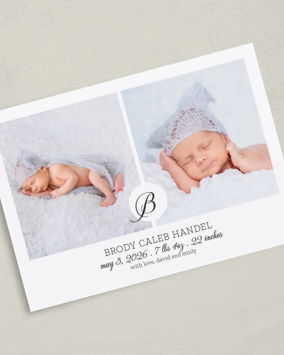 This is a 5" x 7" Birth Announcement Card called Lovable Dots printed in full color on Premium Smooth paper