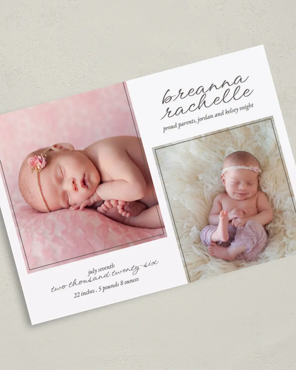 This is a 5" x 7" Birth Announcement Card called Sweetly Sprinkled printed in full color on Premium Smooth paper