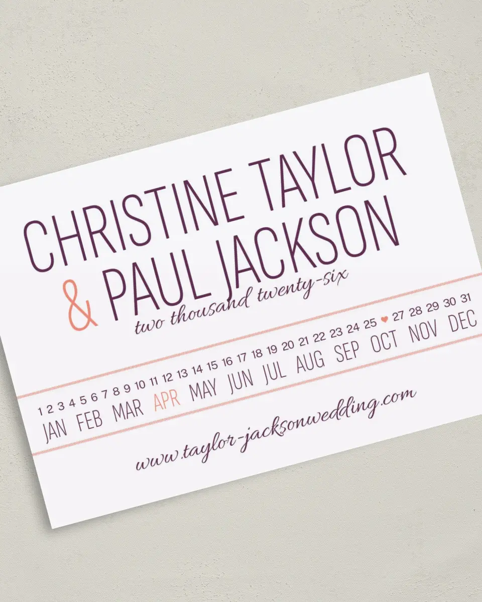 This is a 5" x 7" Save the Date Card called Stacked Charm printed in full color on Premium Smooth paper
