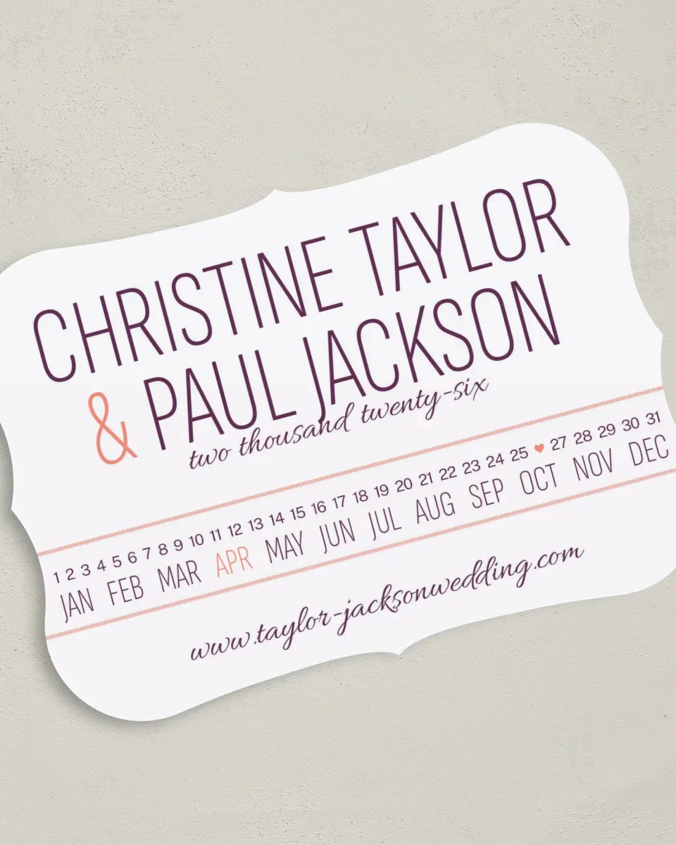 This is a 5" x 7" Save the Date Card called Stacked Charm printed in full color on Premium Smooth paper