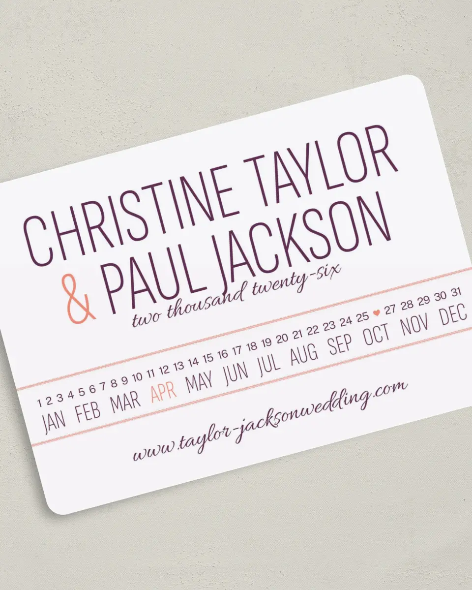 This is a 5" x 7" Save the Date Card called Stacked Charm printed in full color on Premium Smooth paper