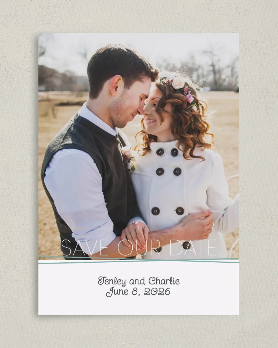 This is a 5" x 7" Save the Date Card called Forever Mine printed in full color on Premium Smooth paper
