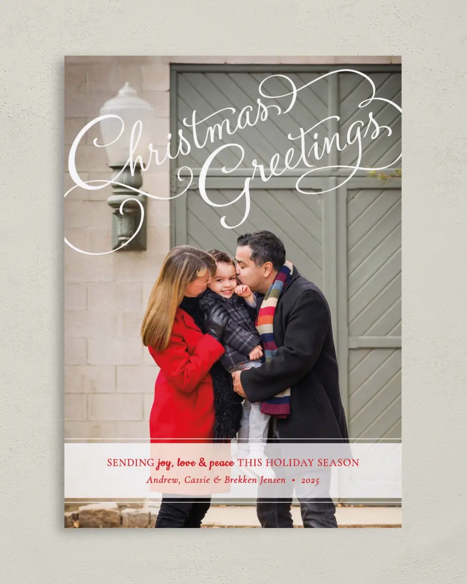This is a 5" x 7" Christmas Card called Scripted Blessings printed in full color on Premium Smooth paper
