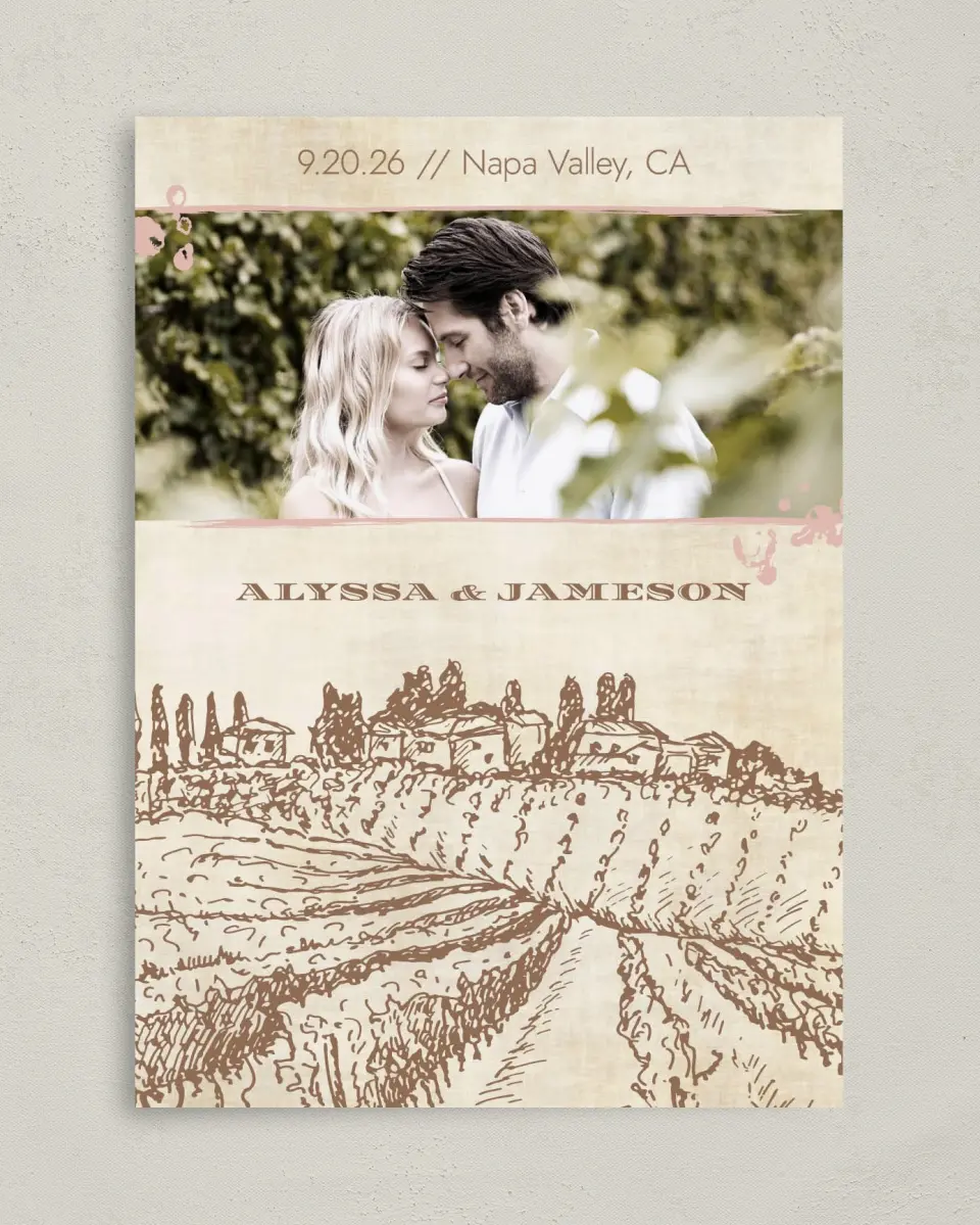 This is a 5" x 7" Save the Date Card called Vineyard Romance printed in full color on Premium Smooth paper