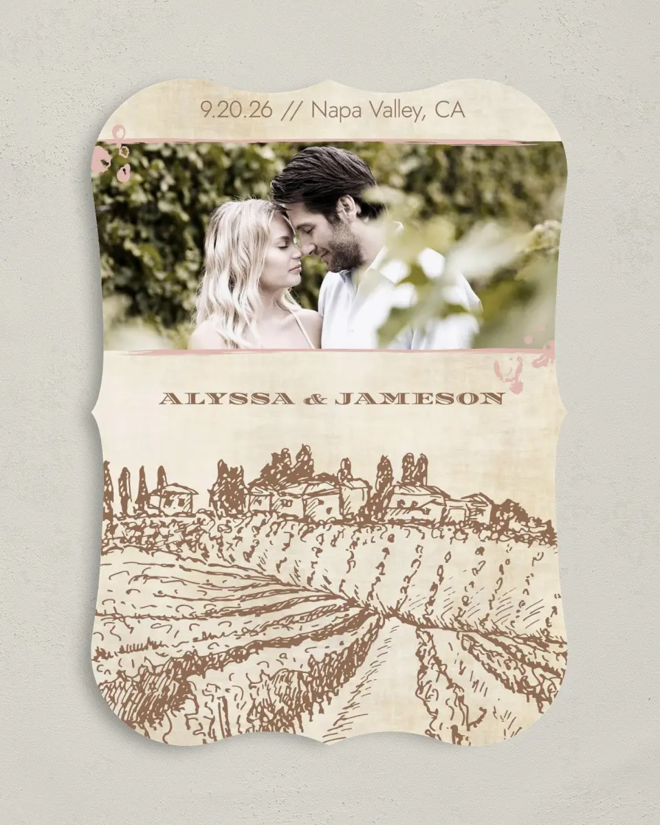 This is a 5" x 7" Save the Date Card called Vineyard Romance printed in full color on Premium Smooth paper
