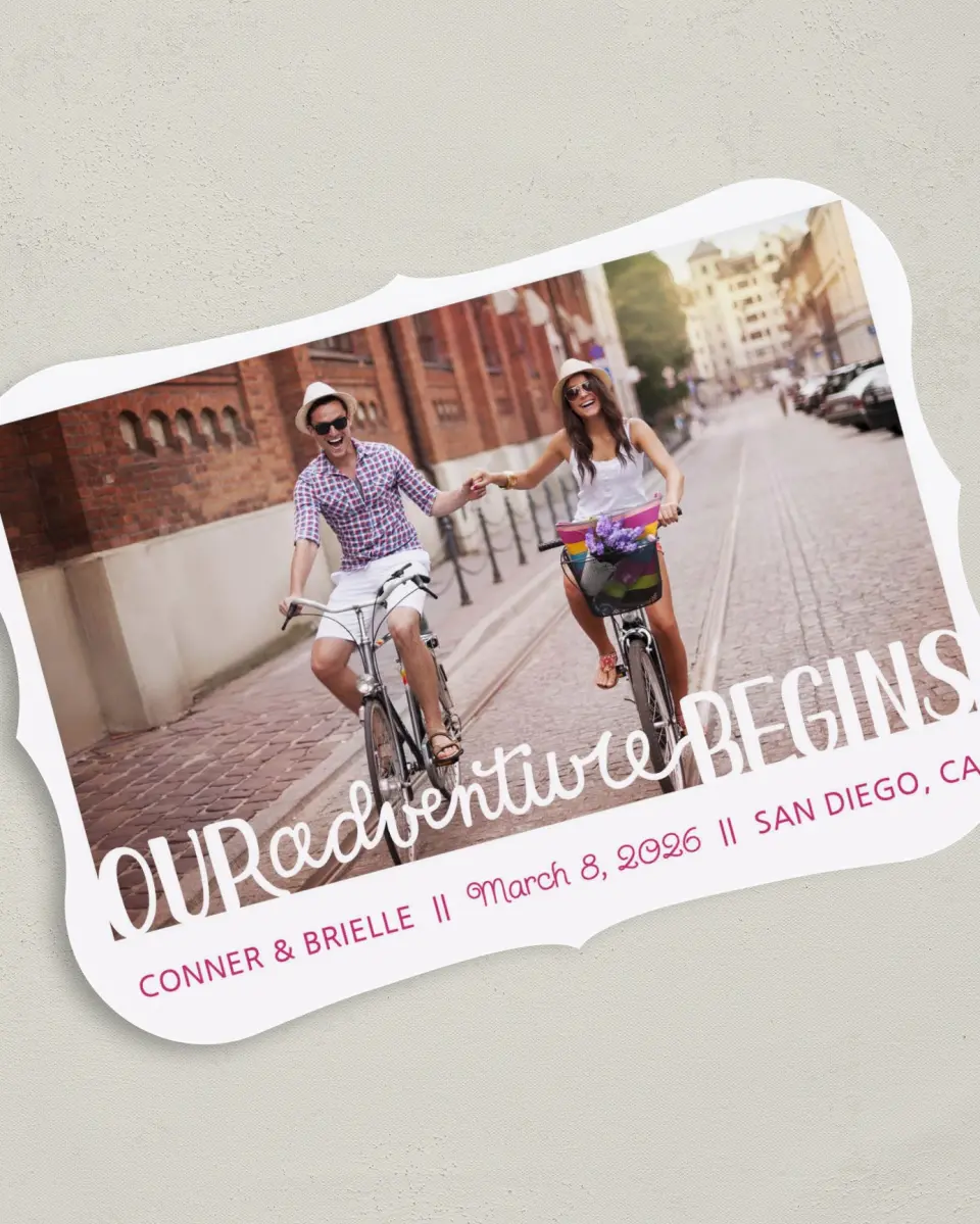 This is a 5" x 7" Save the Date Card called Our Adventure Begins printed in full color on Premium Smooth paper