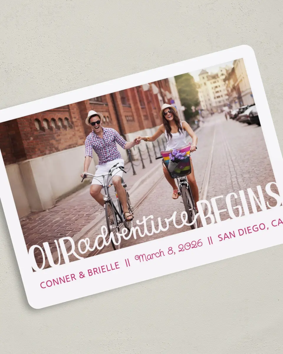 This is a 5" x 7" Save the Date Card called Our Adventure Begins printed in full color on Premium Smooth paper
