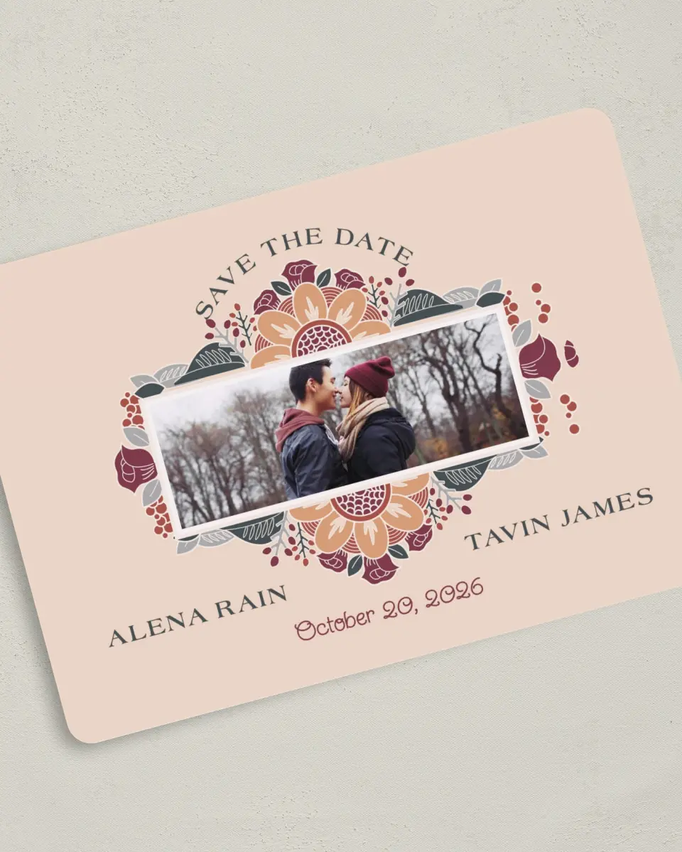 This is a 5" x 7" Save the Date Card called Zentangle Bloom printed in full color on Premium Smooth paper