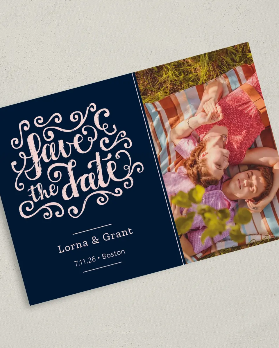 This is a 5" x 7" Save the Date Card called Love Letters printed in full color on Premium Smooth paper