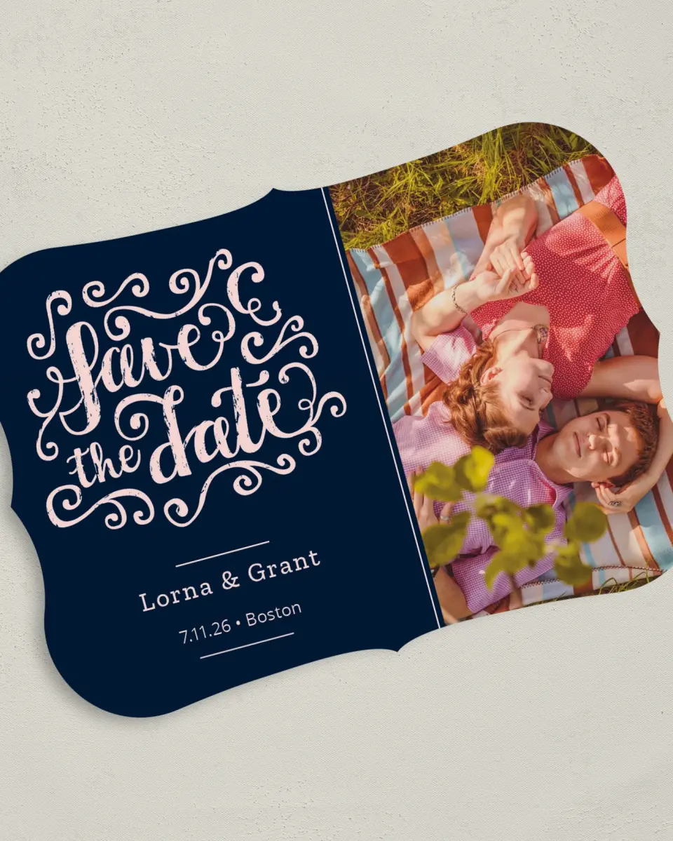 This is a 5" x 7" Save the Date Card called Love Letters printed in full color on Premium Smooth paper