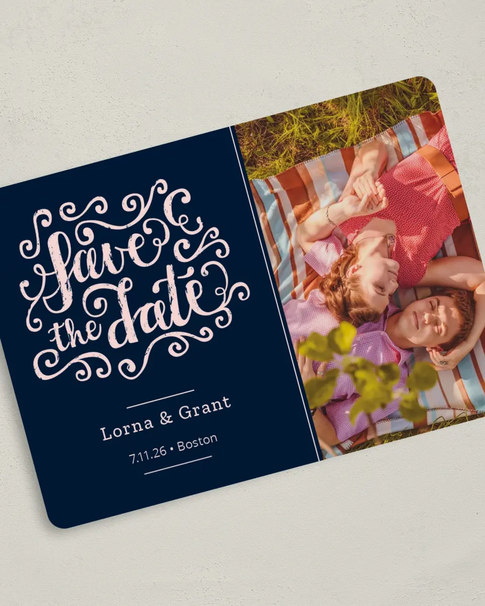 This is a 5" x 7" Save the Date Card called Love Letters printed in full color on Premium Smooth paper