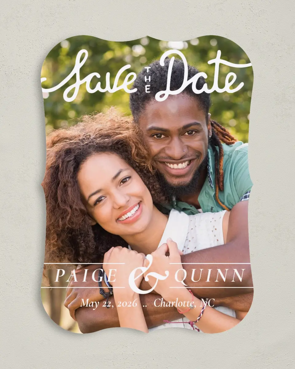 This is a 5" x 7" Save the Date Card called Faithful Affection printed in full color on Premium Smooth paper