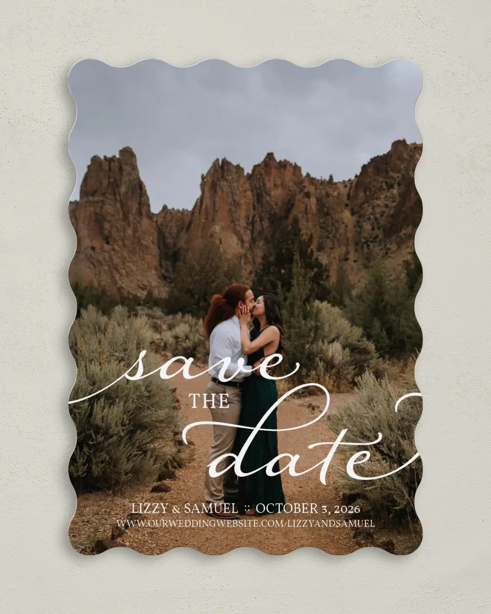 This is a 5" x 7" Save the Date Card called Scripted Embrace printed in full color on Premium Smooth paper