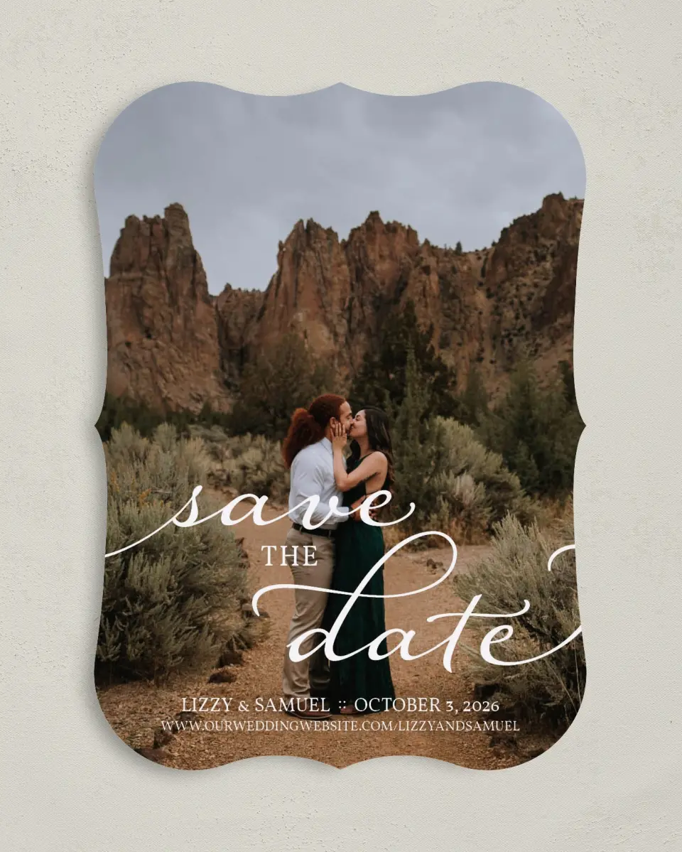 This is a 5" x 7" Save the Date Card called Scripted Embrace printed in full color on Premium Smooth paper