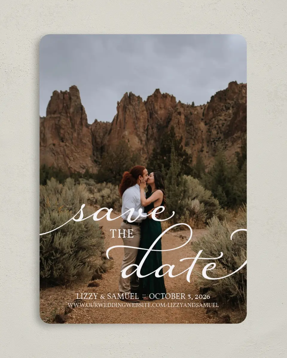 This is a 5" x 7" Save the Date Card called Scripted Embrace printed in full color on Premium Smooth paper