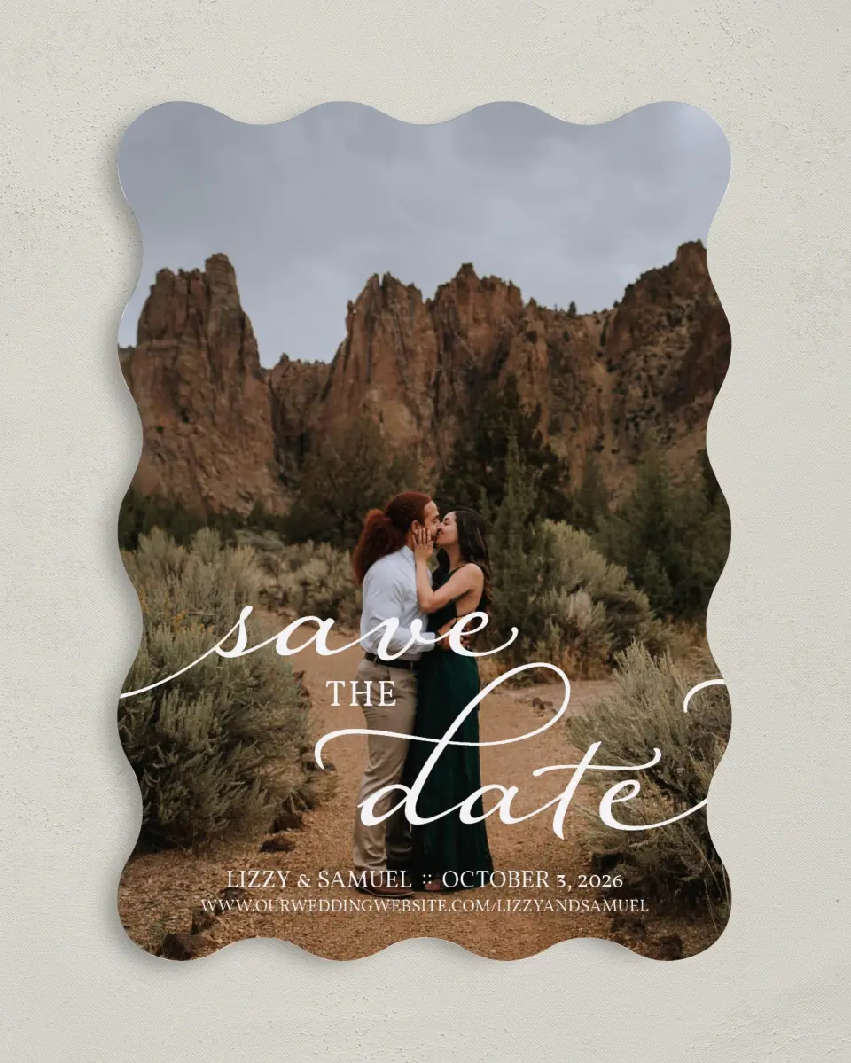 This is a 5" x 7" Save the Date Card called Scripted Embrace printed in full color on Premium Smooth paper