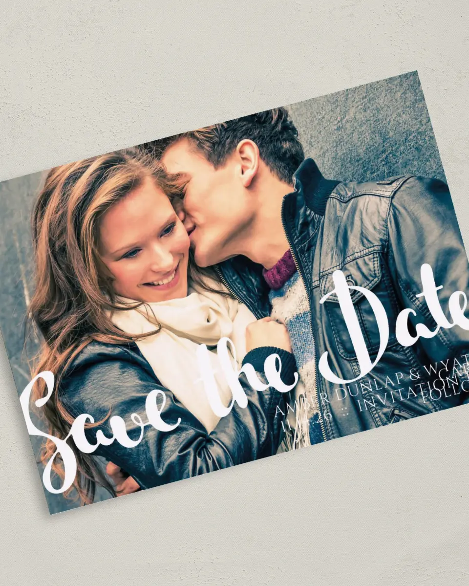 This is a 5" x 7" Save the Date Card called True Devotion printed in full color on Premium Smooth paper