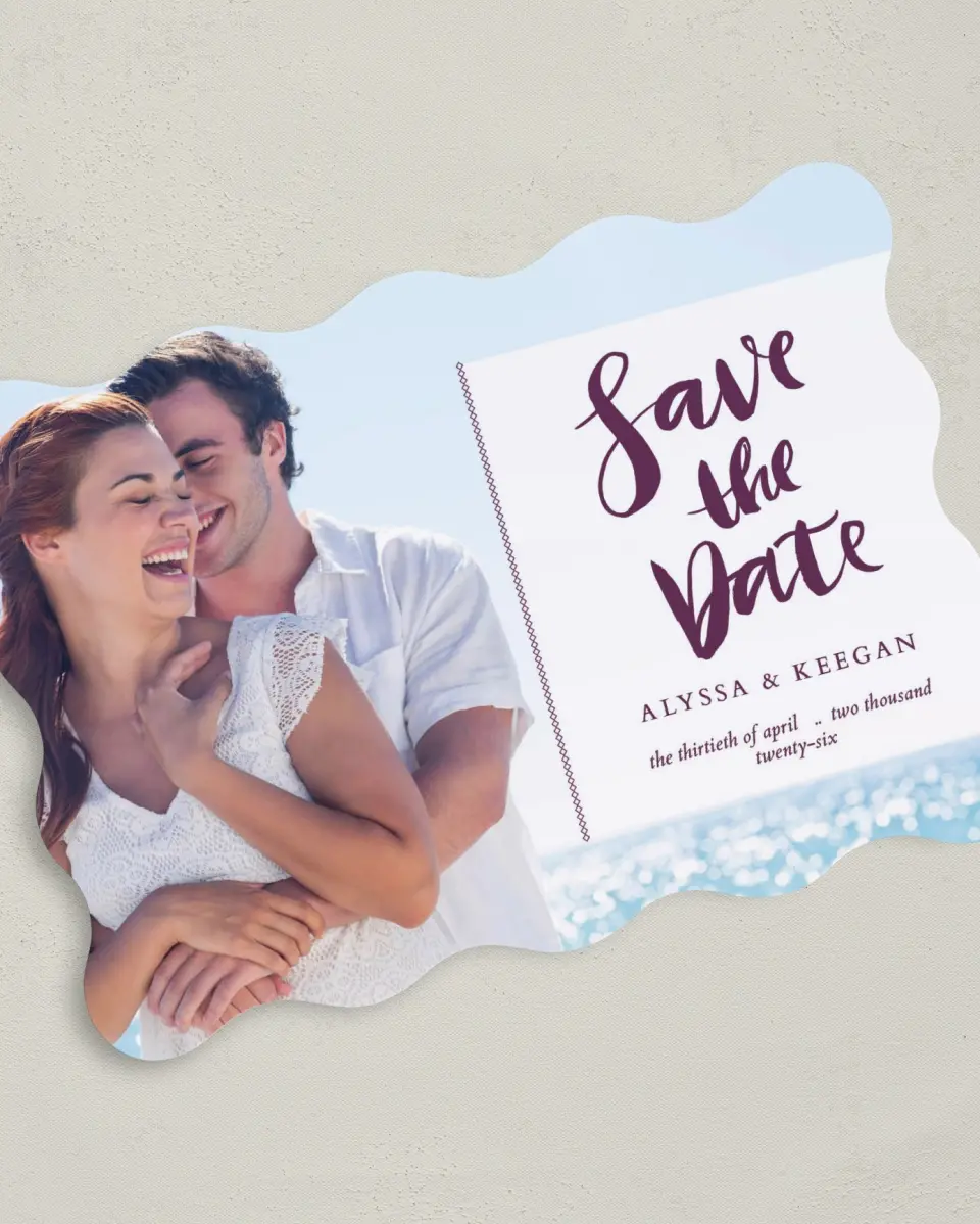 This is a 5" x 7" Save the Date Card called Forever Affection printed in full color on Premium Smooth paper