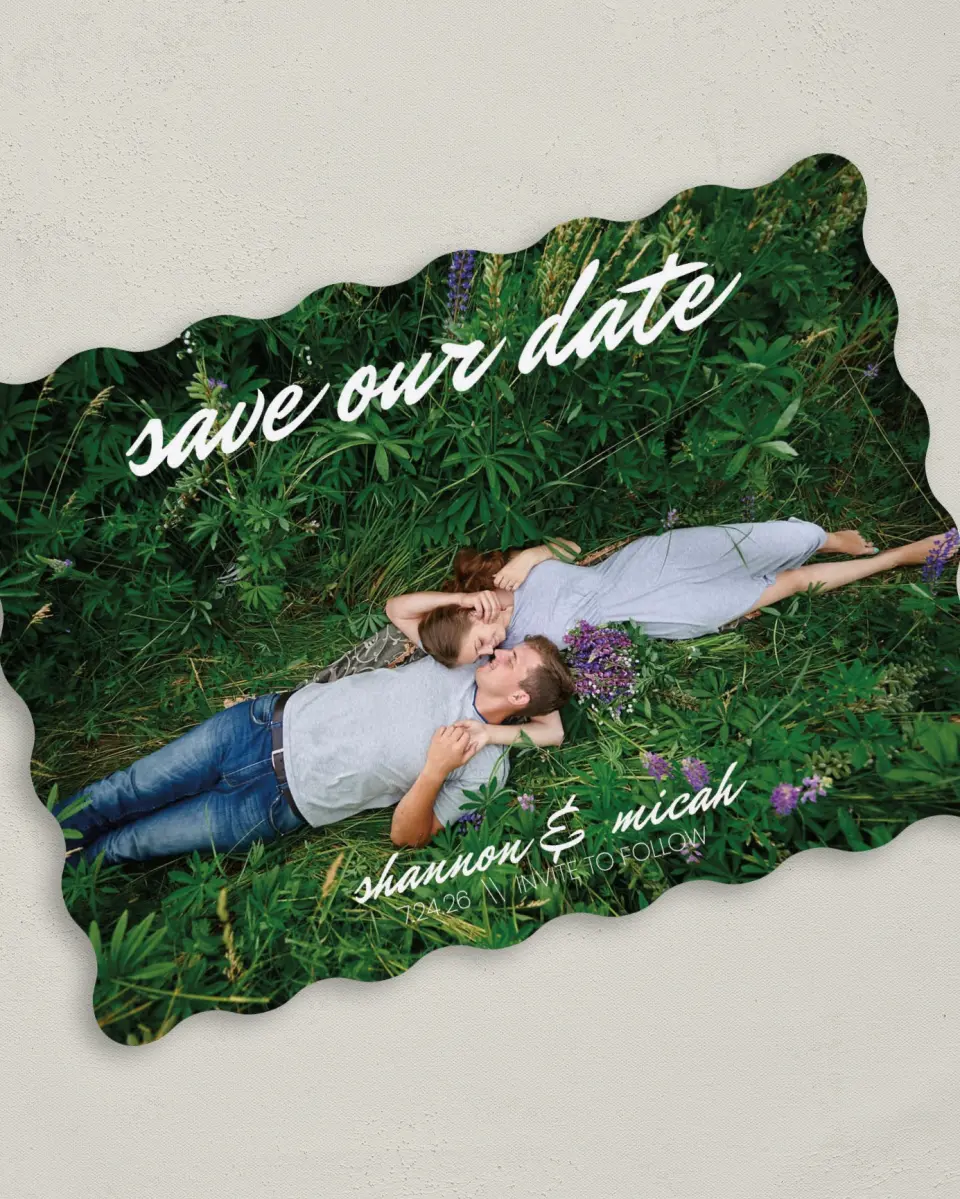 This is a 5" x 7" Save the Date Card called Brushed Devotion printed in full color on Premium Smooth paper