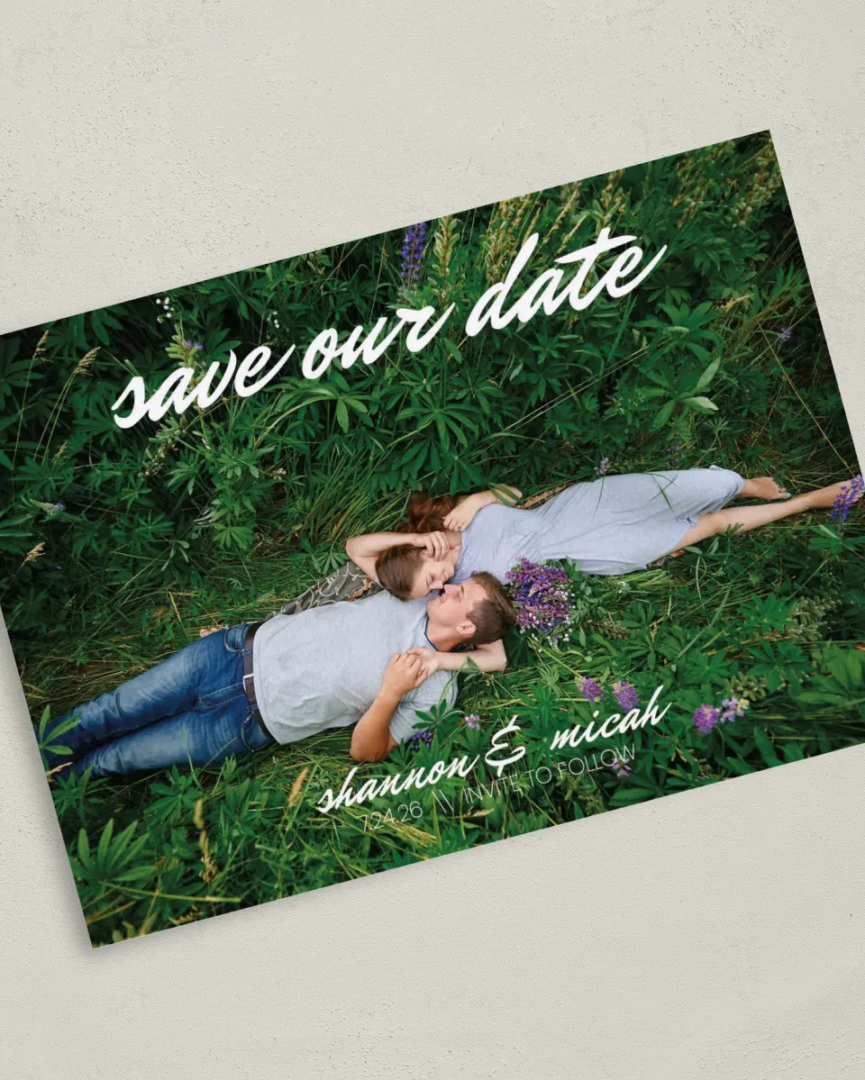 This is a 5" x 7" Save the Date Card called Brushed Devotion printed in full color on Premium Smooth paper