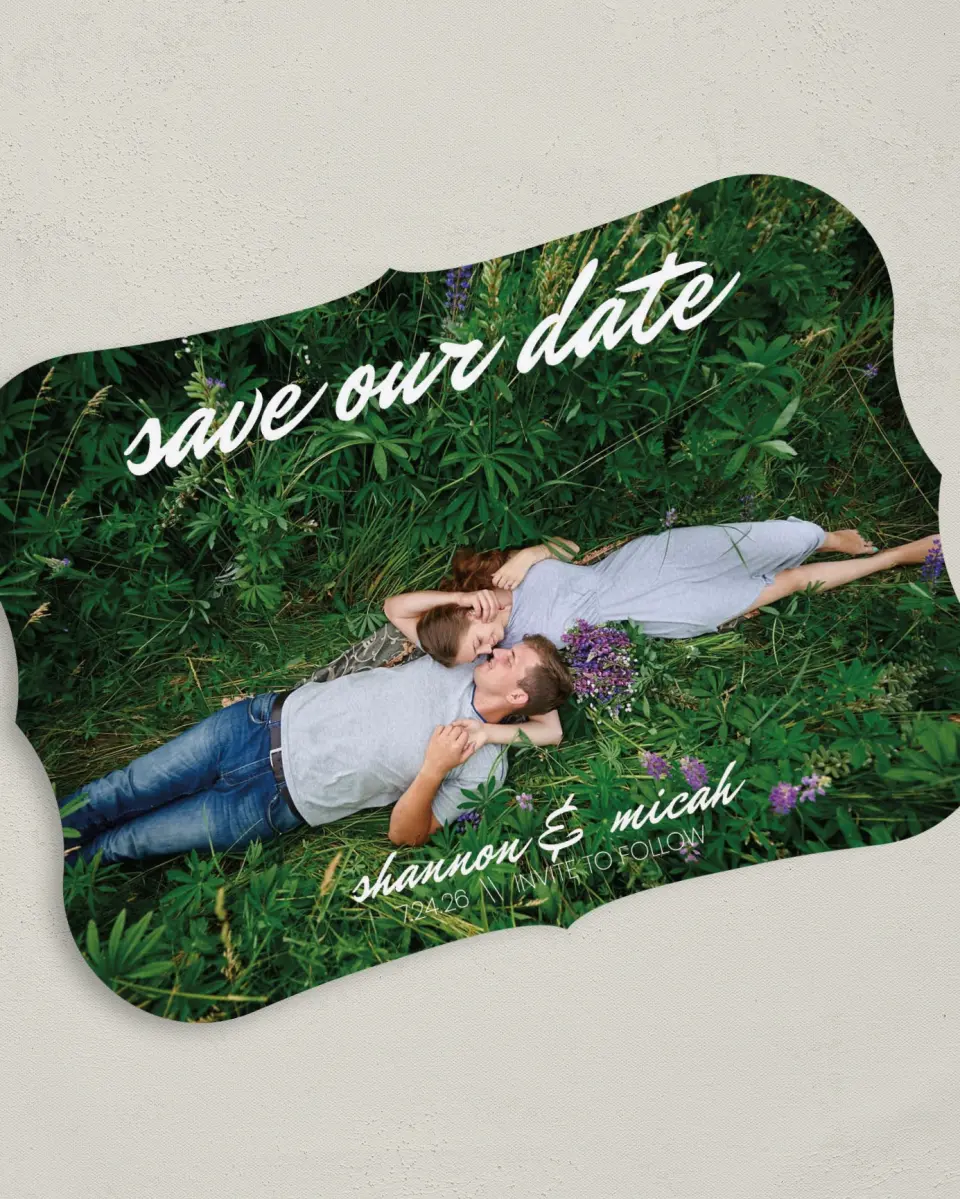 This is a 5" x 7" Save the Date Card called Brushed Devotion printed in full color on Premium Smooth paper